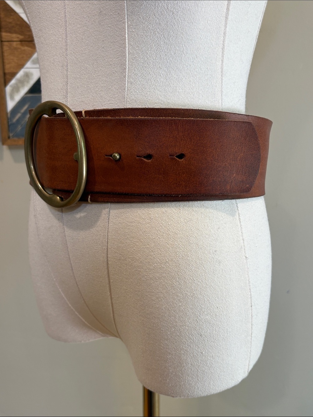 Vintage Ralph Lauren 80s Wide Brown Leather Belt with Round Brass Buckle Small - Picture 2 of 14